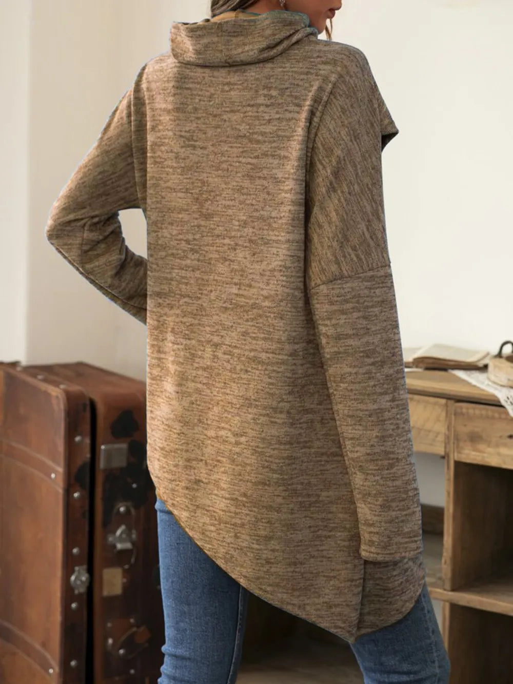 Plush Fashion Hub long sleeve cowl neck t-shirt with asymmetrical hem, stylish and comfortable women's top in black fabric.