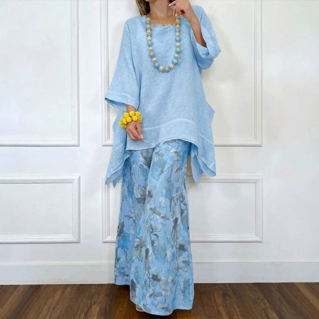 FitiqueFit irregular hem drop-shoulder top and wide-leg pants set in three colors, casual stylish clothing for women.