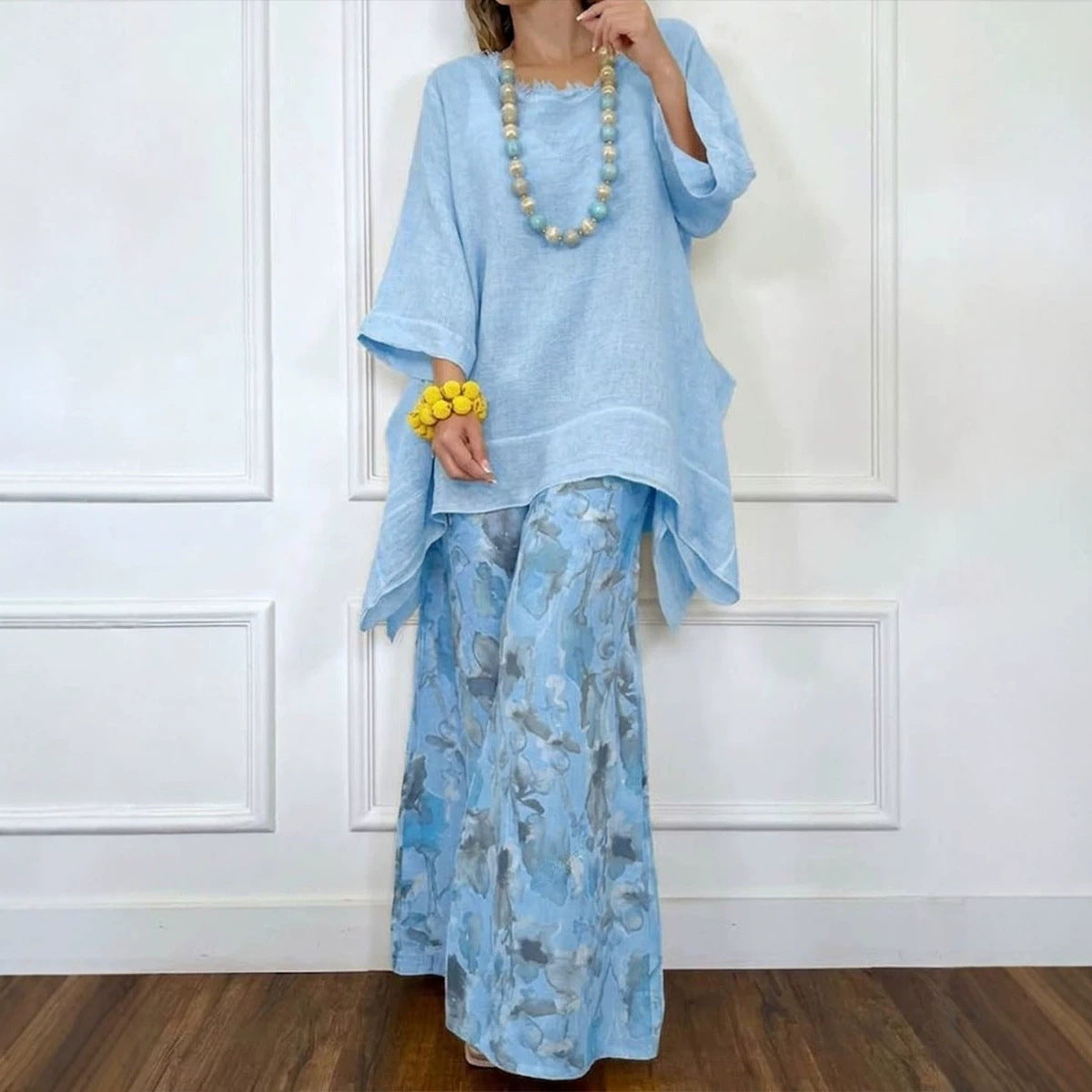 FitiqueFit irregular hem drop-shoulder top and wide-leg pants set in three colors, casual stylish clothing for women.