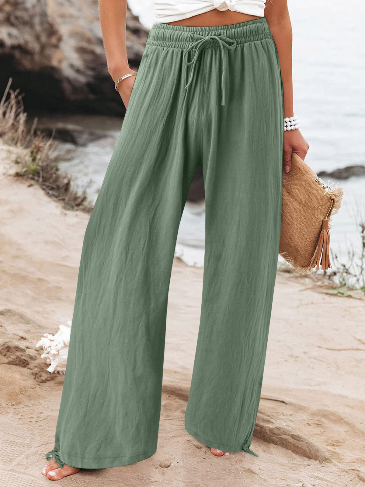 Plus size full length drawstring wide leg pants by Trendsi, showing soft fabric, high waist, and relaxed fit for comfortable style.