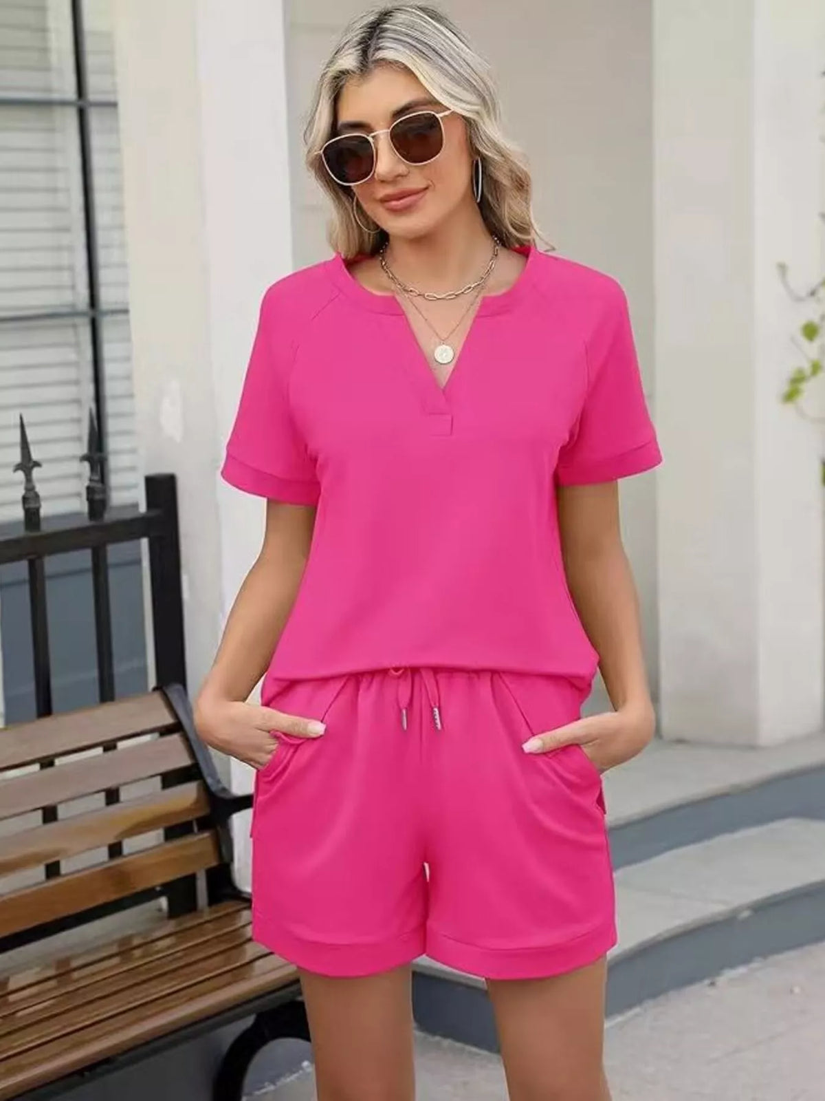 Solid color short sleeve top and matching shorts two-piece set by Plush Fashion Hub, casual summer apparel for women.
