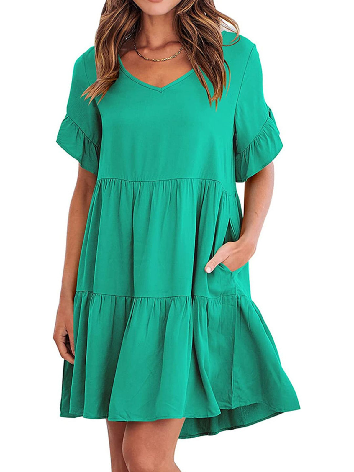 Lightweight rayon mini dress by Plush Fashion Hub featuring ruffled sleeves, tiered design, and side pockets.