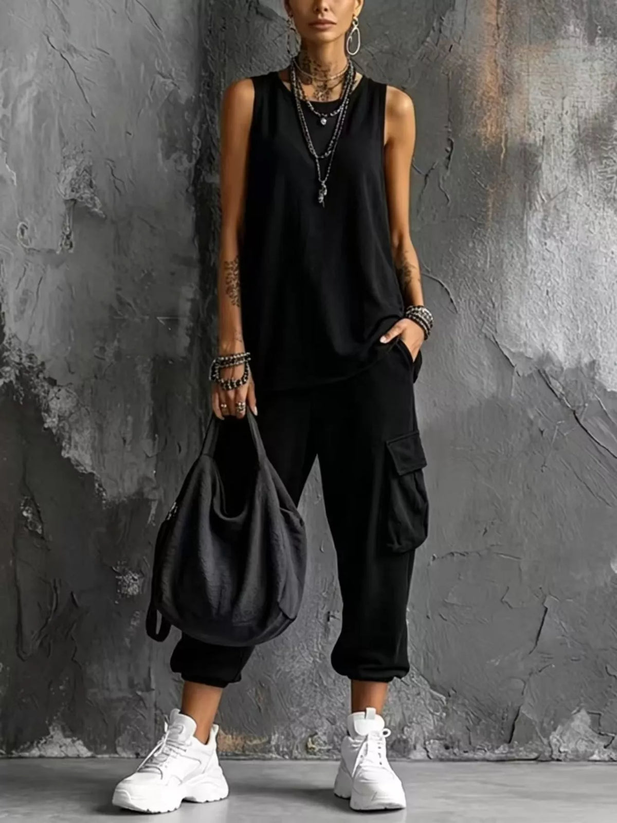 Plus size casual tank top and cargo pants set by Trendsi, featuring a comfortable sleeveless top and relaxed cargo pants.