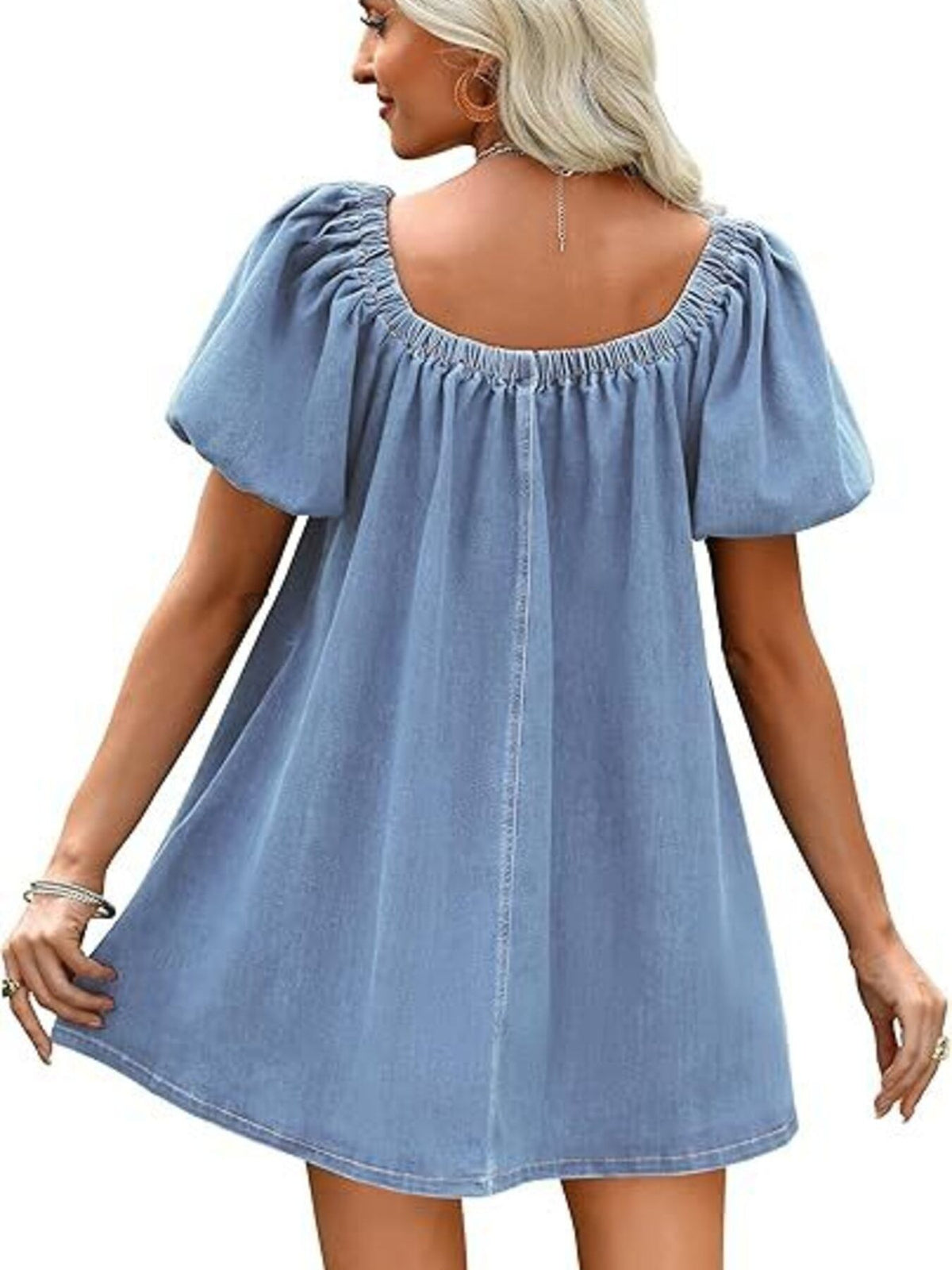 Women’s off-shoulder denim mini dress with tie-front detail from Plush Fashion Hub, featuring a fitted silhouette and casual style.