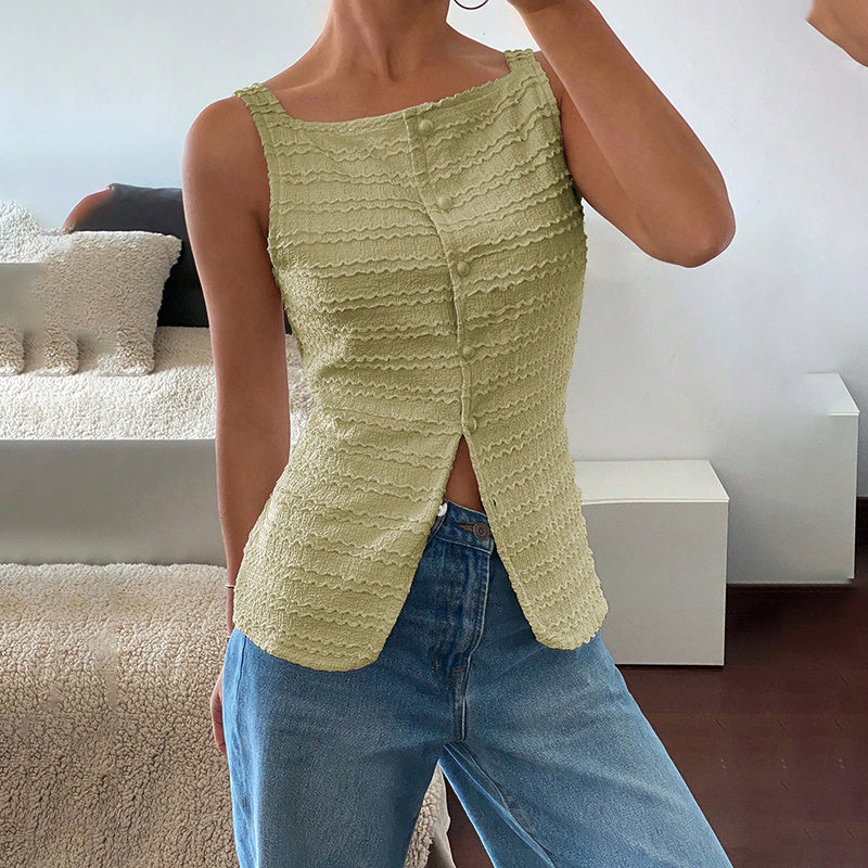 Trendy square neck button-up vest top by Plush Fashion Hub, casual Y2K going-out tank top in stylish design.