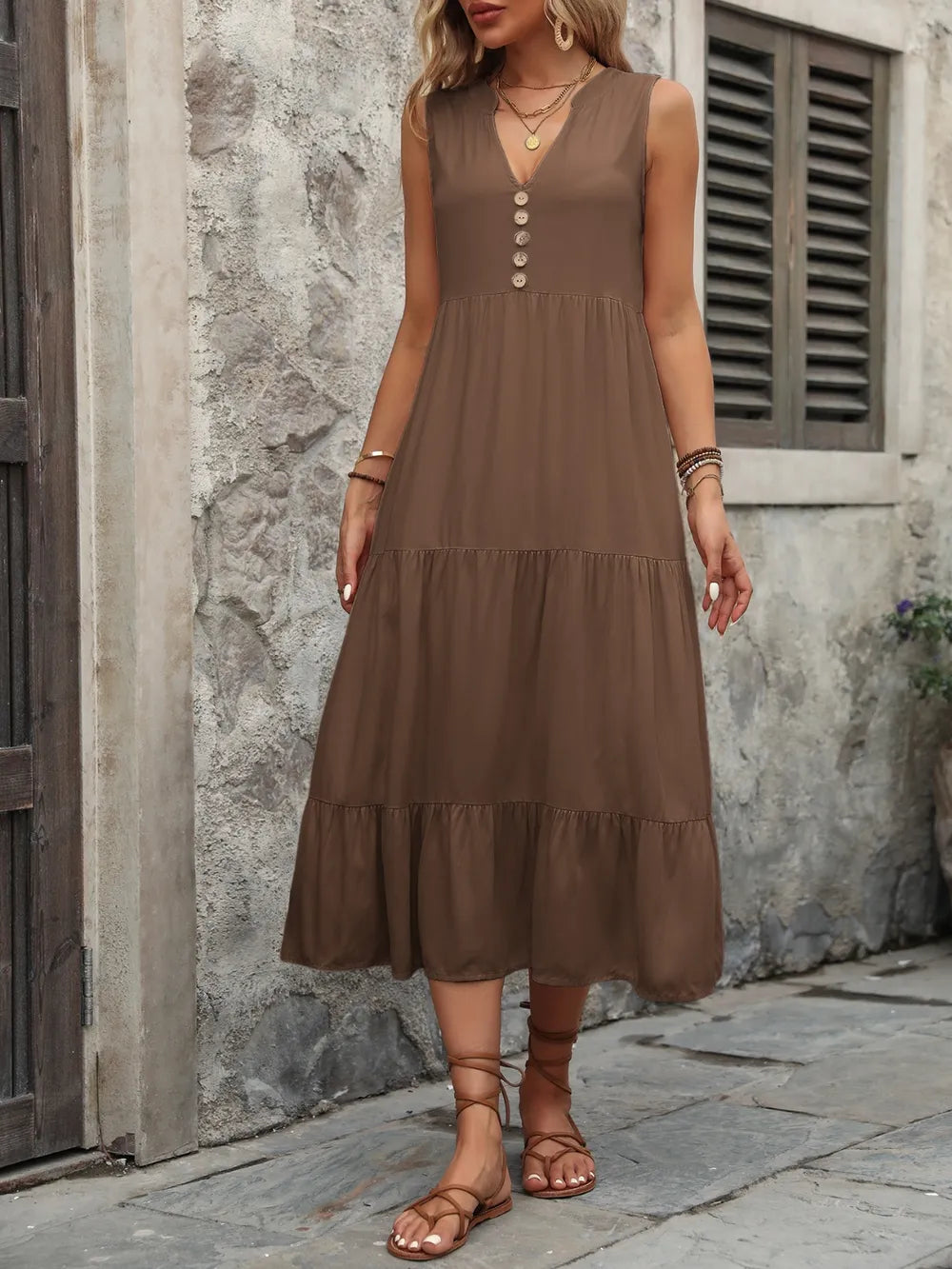 Ivy Lane women’s sleeveless cotton button-down dress with notched neck, casual style, in a natural fabric with a relaxed fit.
