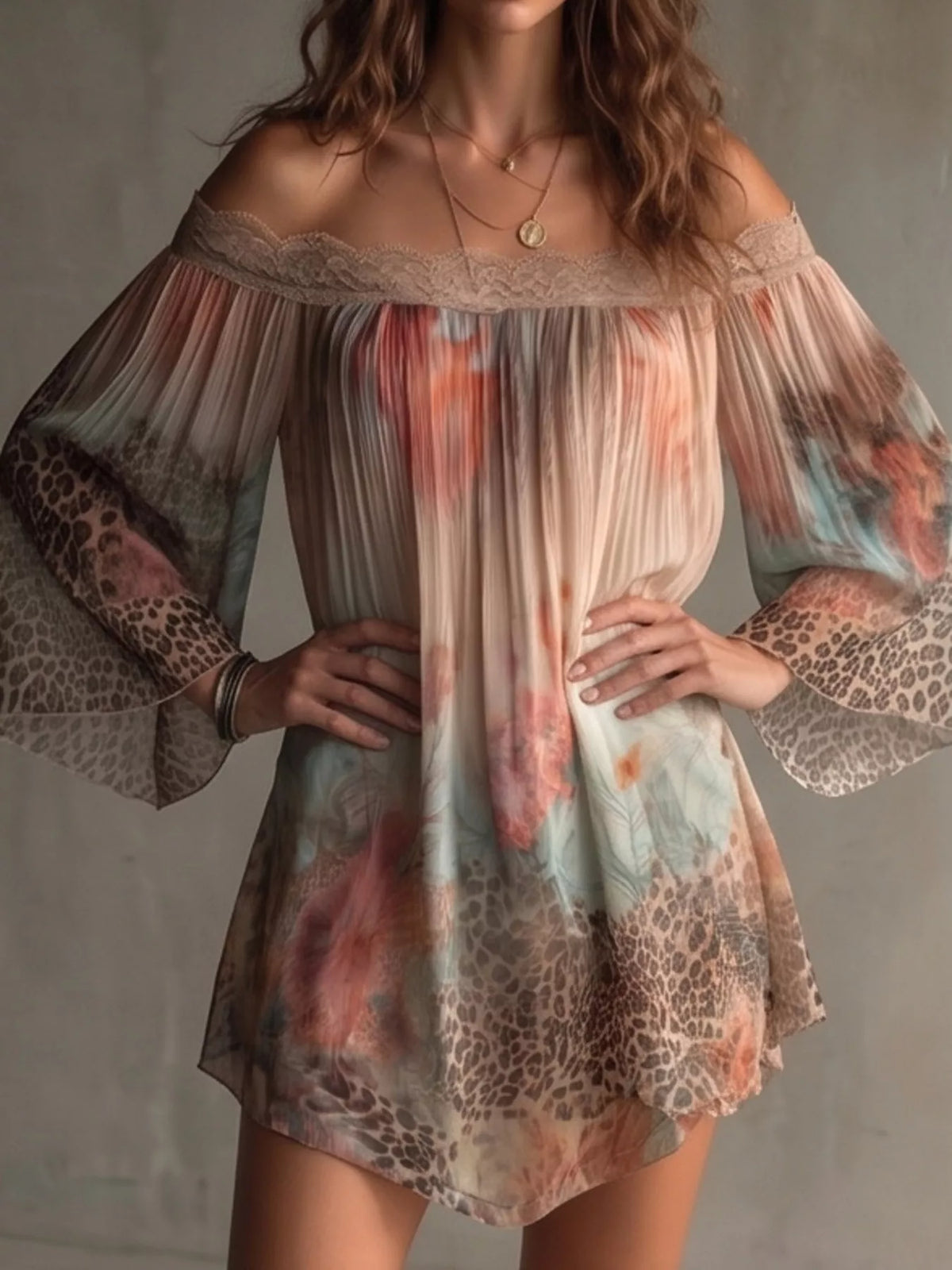 Off-shoulder mini dress with floral and leopard print, lace trim, from Trendsi, showcasing a stylish and feminine dress design.