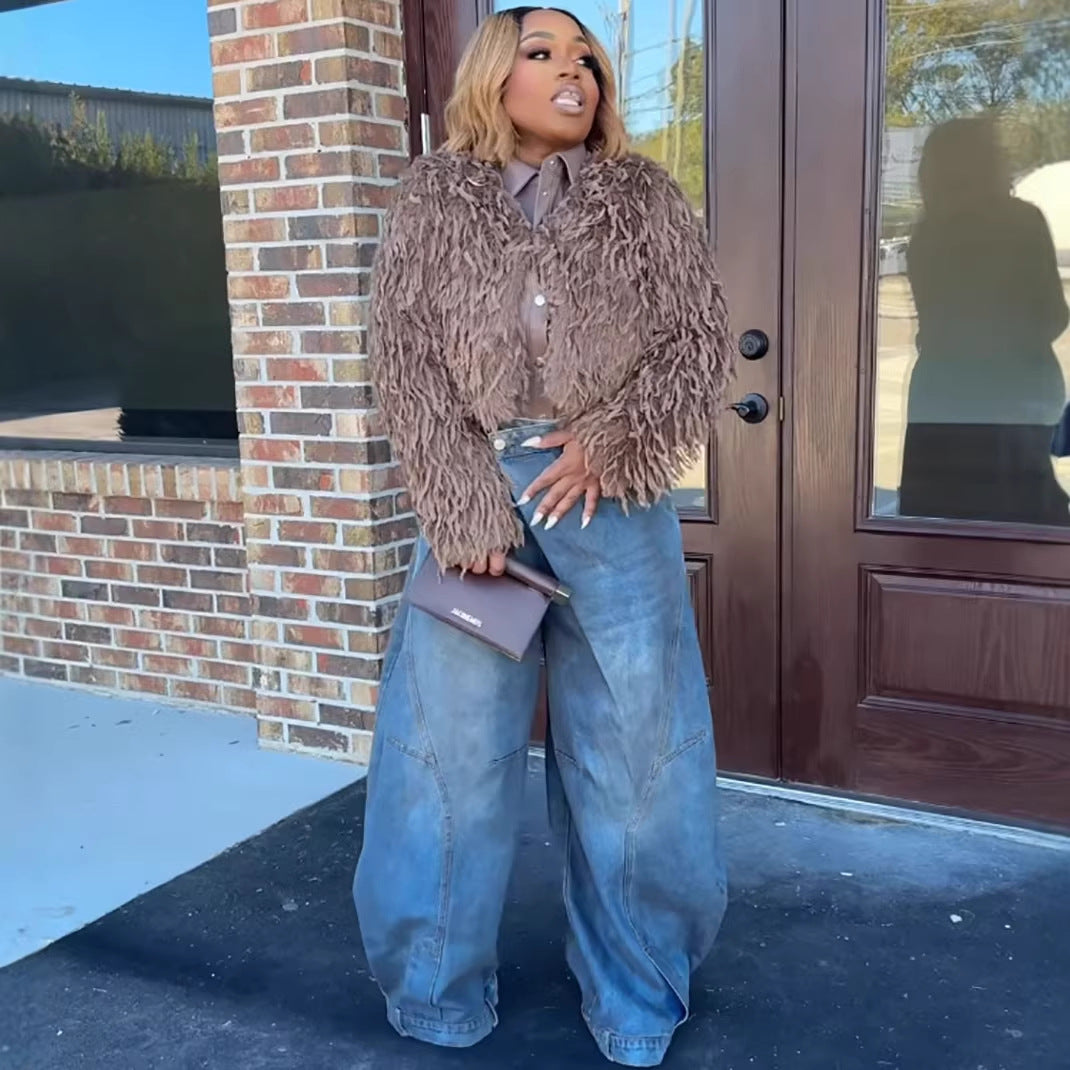 Women's Wide-Leg Denim Pants Fashion Vintage Distressed Washed Reversed Straight Leg Long Pants