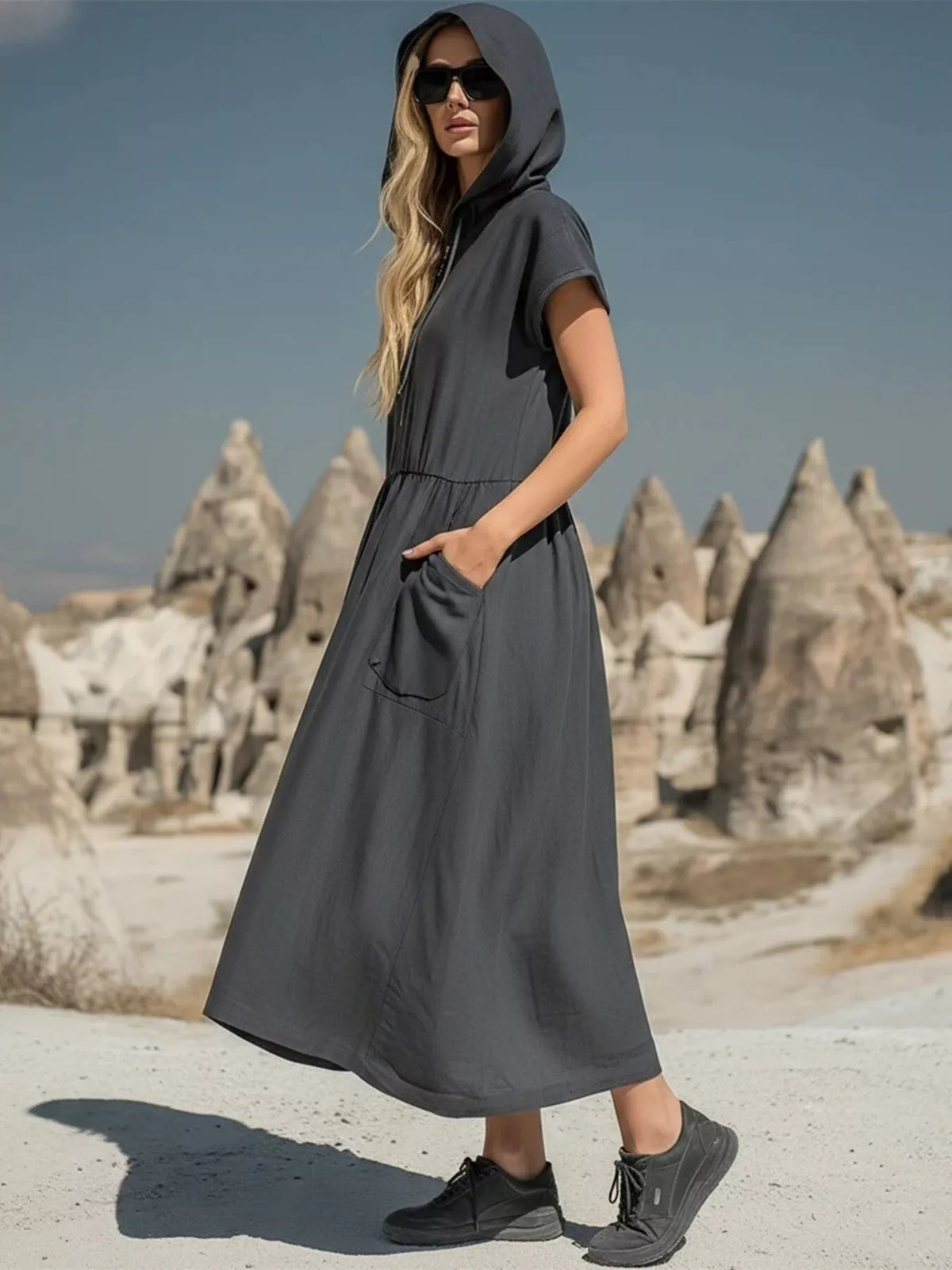 Plus size full zip hooded midi dress with pockets from Plush Fashion Hub, featuring a comfortable, casual design and front pockets.