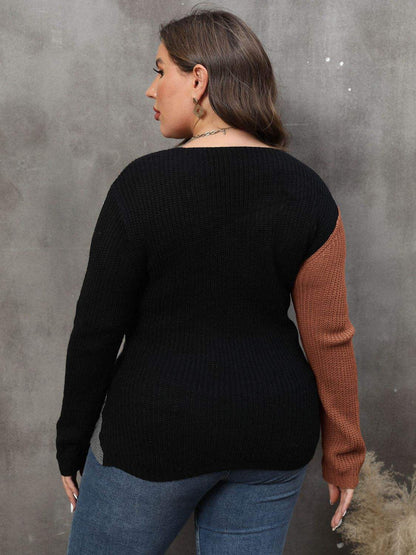 Plus Size Two-Tone Surplice Neck SweaterElevate your wardrobe with our Plus Size Two-Tone Surplice Neck Sweater! This sweater features a basic style with a touch of stretch for a comfortable fit. Made of 1SweaterTrendsiPlush Fashion Shop