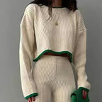 Women’s casual color-block two-piece set by FitiqueFit, featuring a relaxed top and matching pants in vibrant color blocks.