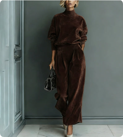LadyShow.Store casual warm velour long-sleeved high-neck zipper sportswear with wide-leg pants, solid color, and sporty design.