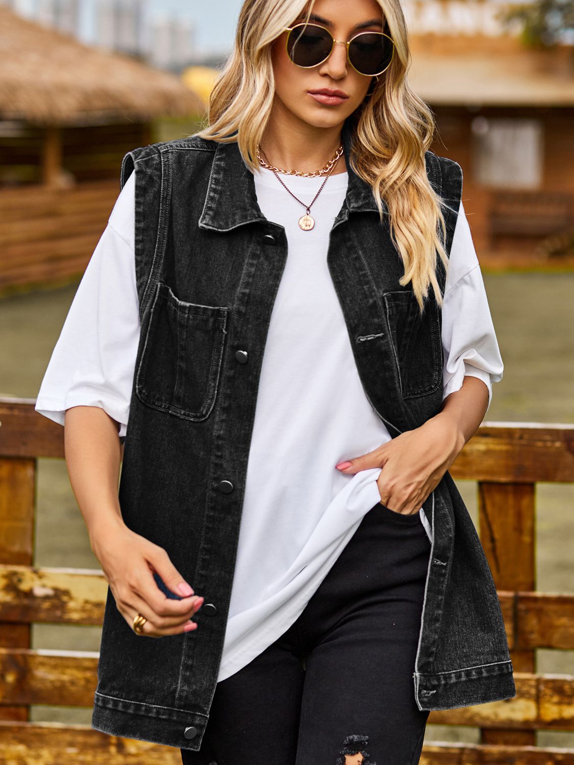 Button down denim vest from Plush Fashion Hub featuring classic blue denim fabric and front button closures.