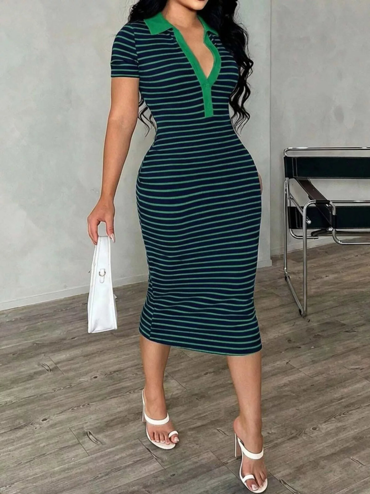 Striped Polo Collar Midi Dress by Plush Fashion Hub featuring a fitted waist and classic polo neckline, perfect for casual wear.