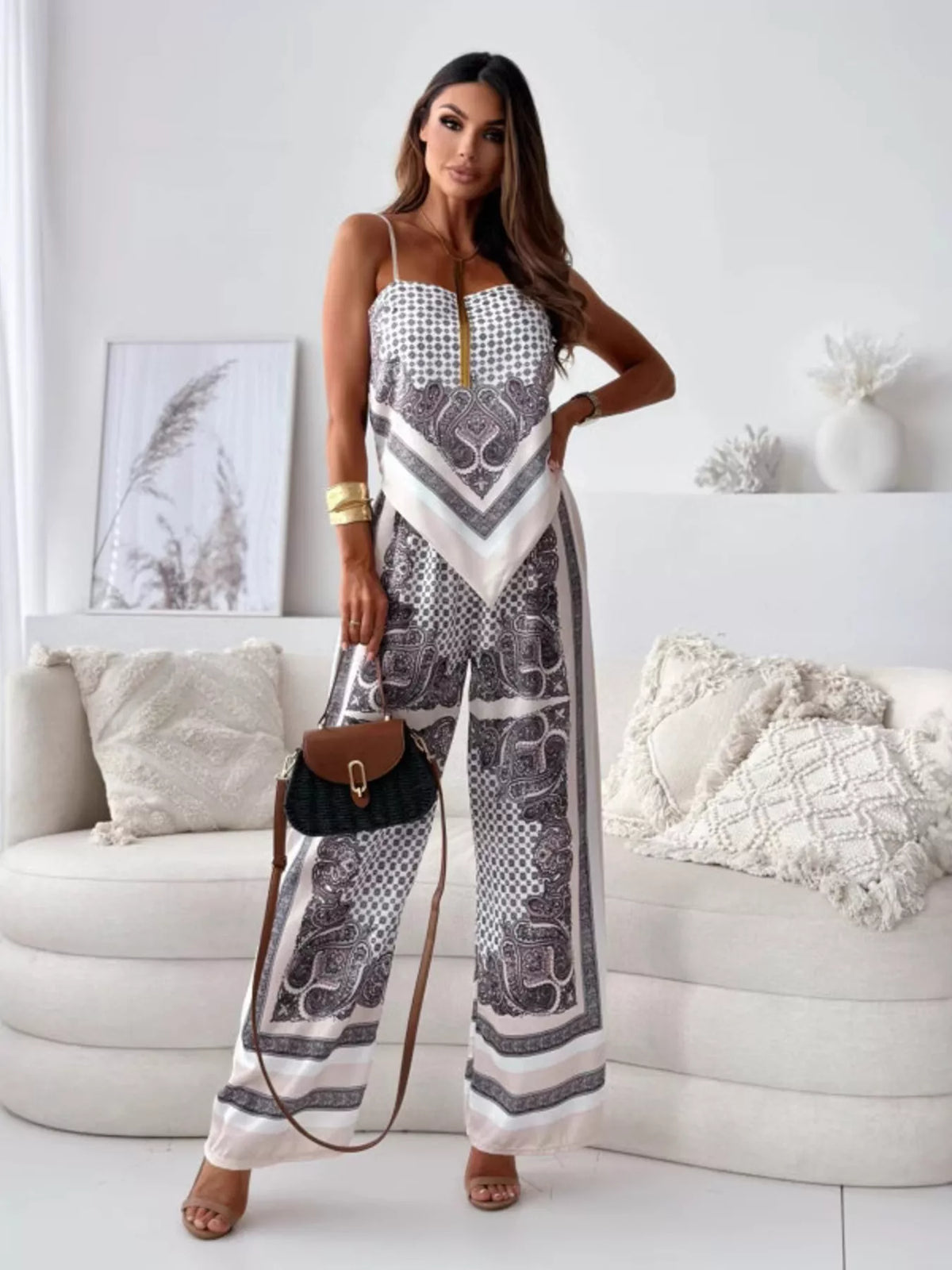 Printed cami and wide-leg pants loungewear set by Plush Fashion Hub, featuring comfortable fabric and stylish design.