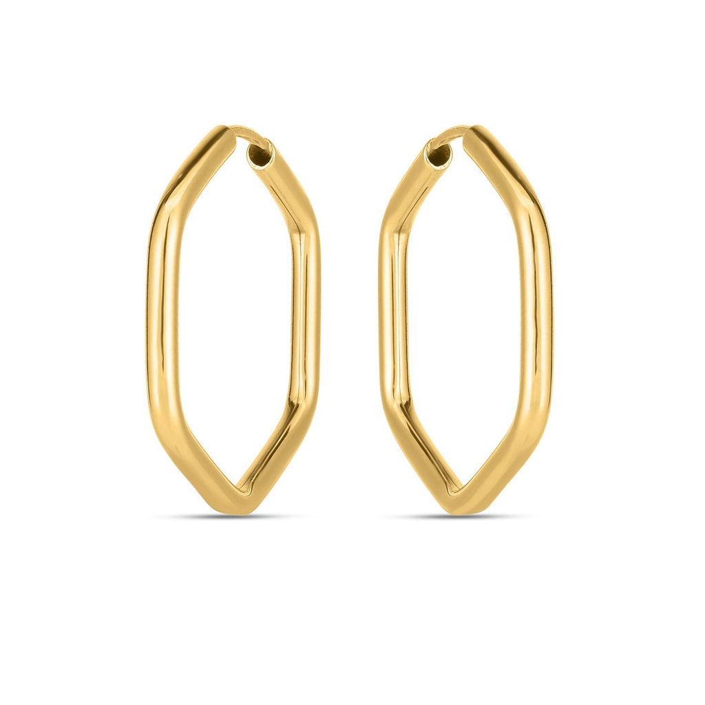 14k yellow gold endless hexagon hoop earrings with a sleek, modern design, featuring polished gold finish and geometric shape.