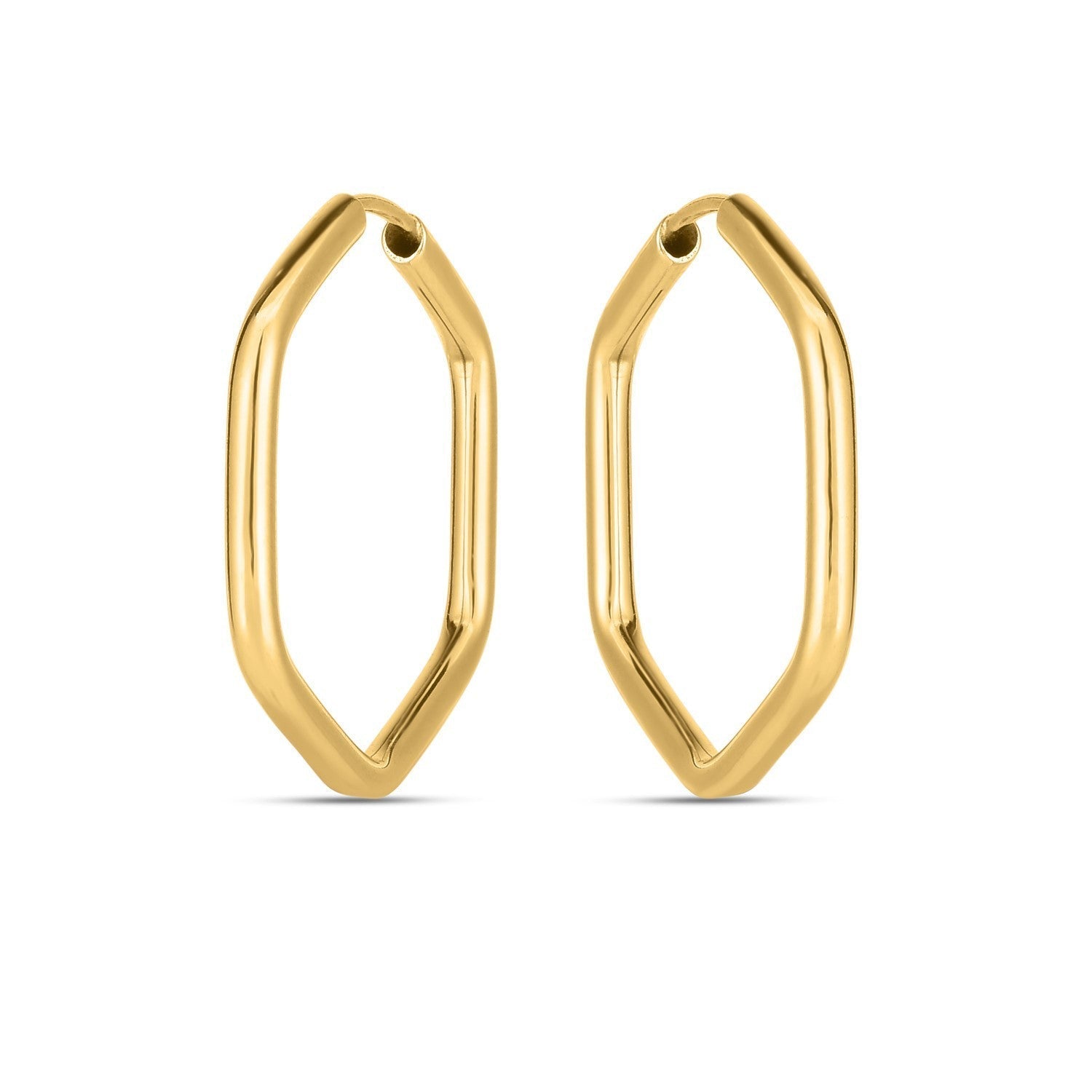14k yellow gold endless hexagon hoop earrings with a sleek, modern design, featuring polished gold finish and geometric shape.