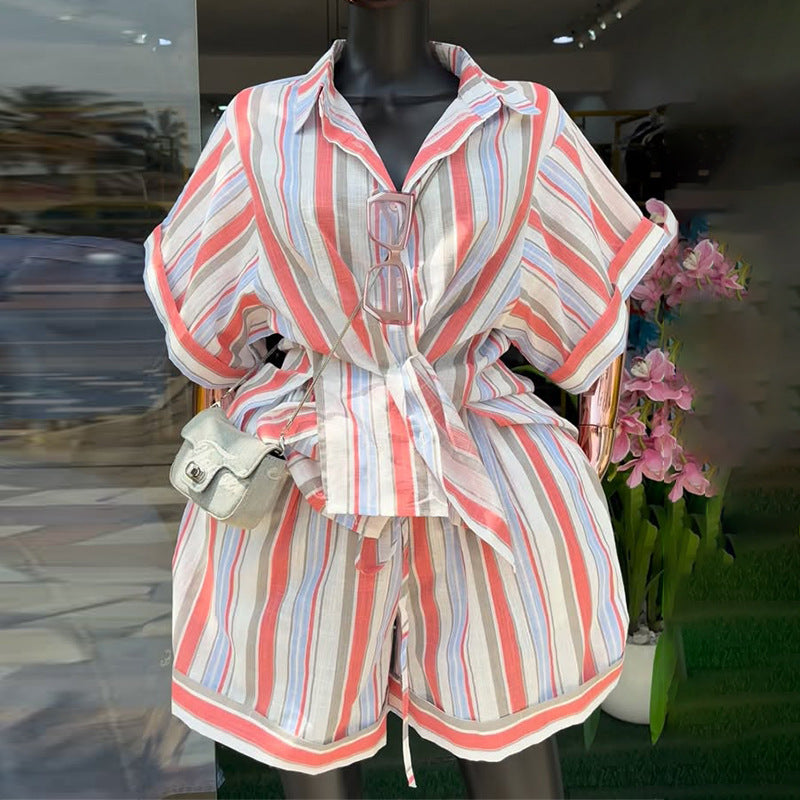 Coastal Chic Striped Shirt and Lace-Up Shorts Set