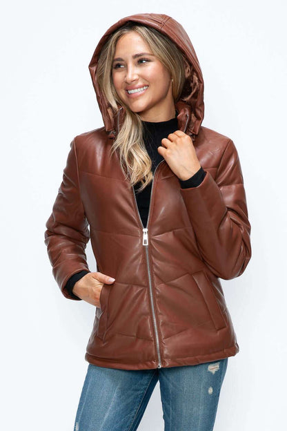 Brown pocketed zip-up puffer jacket with removable hood.