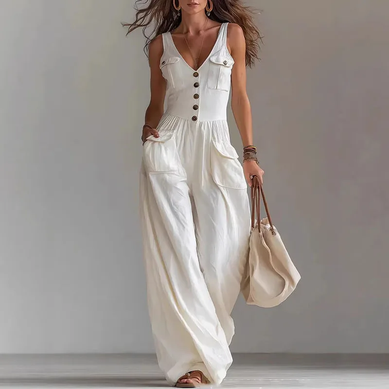 V-neck button-front vest jumpsuit from Plush Fashion Hub, featuring sleeveless design, front buttons, and a fitted waist.
