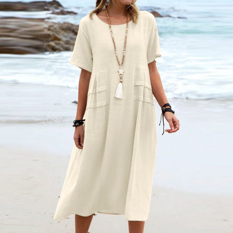 Women's casual cotton linen short-sleeve midi dress by Plush Fashion Hub, featuring a relaxed fit and simple design.