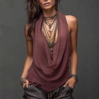 Women's slim-fit knit top with halterneck and V-neck design, backless casualwear by FitiqueFit.