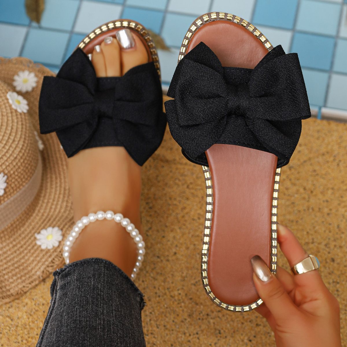 Plush Fashion Hub bowknot embellished flat sandals with stylish straps and comfortable sole, perfect for casual summer wear.