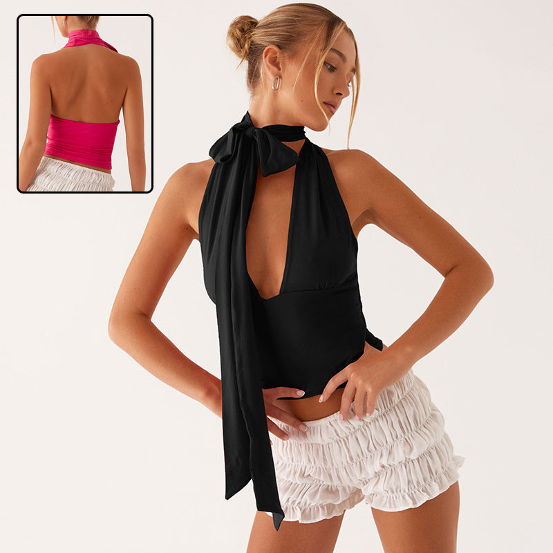 Women's lace-up back cutout sling top from Plush Fashion Hub, casualwear with low-cut back and stylish design.