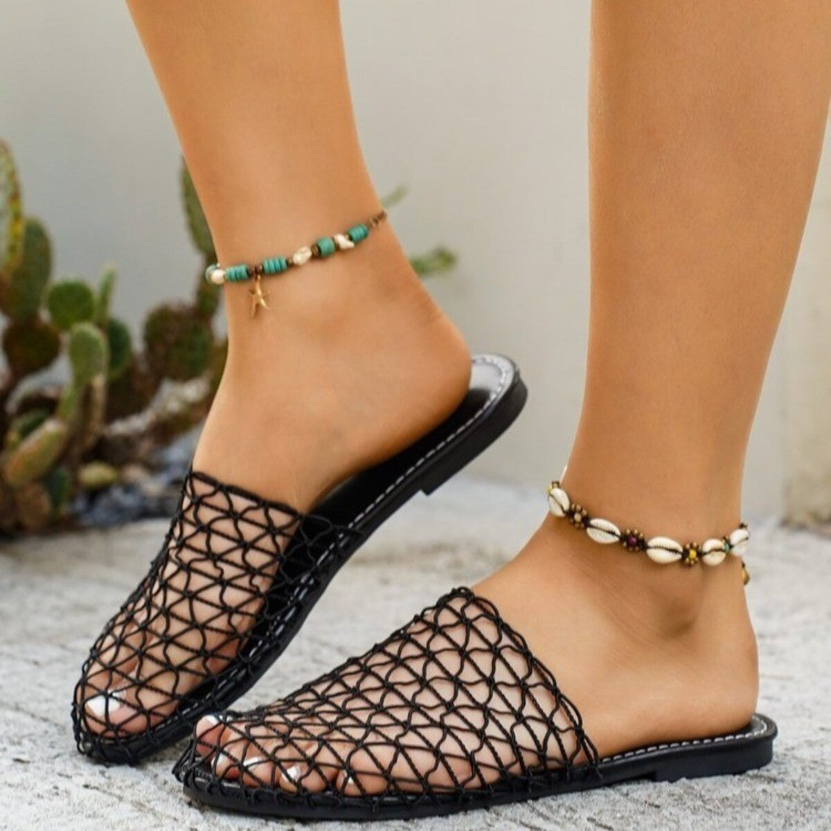 Woven net low heel sandals for women in comfortable PU leather with stylish design, by Plush Fashion Hub.