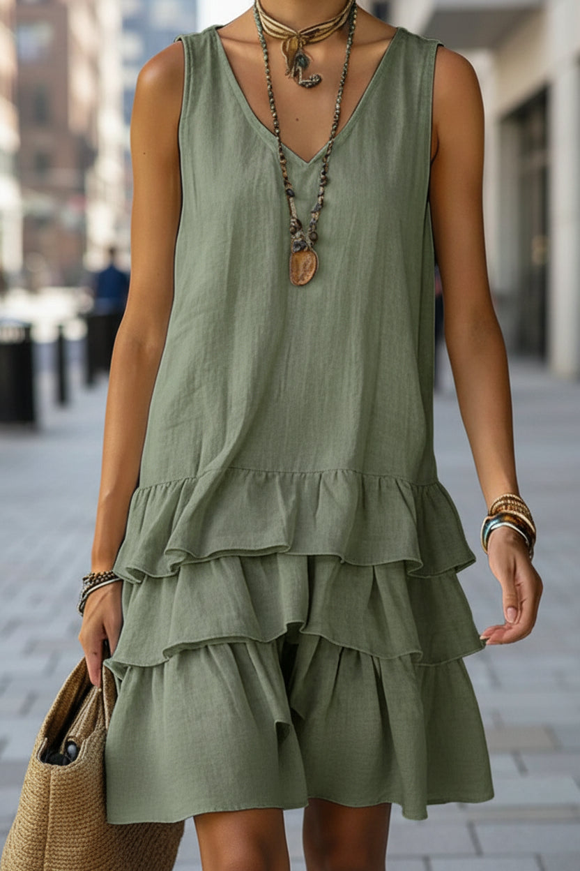 V-neck sleeveless midi dress in five colors from FitiqueFit, casualwear, displayed on a model, with a fitted waist and flowing skirt.