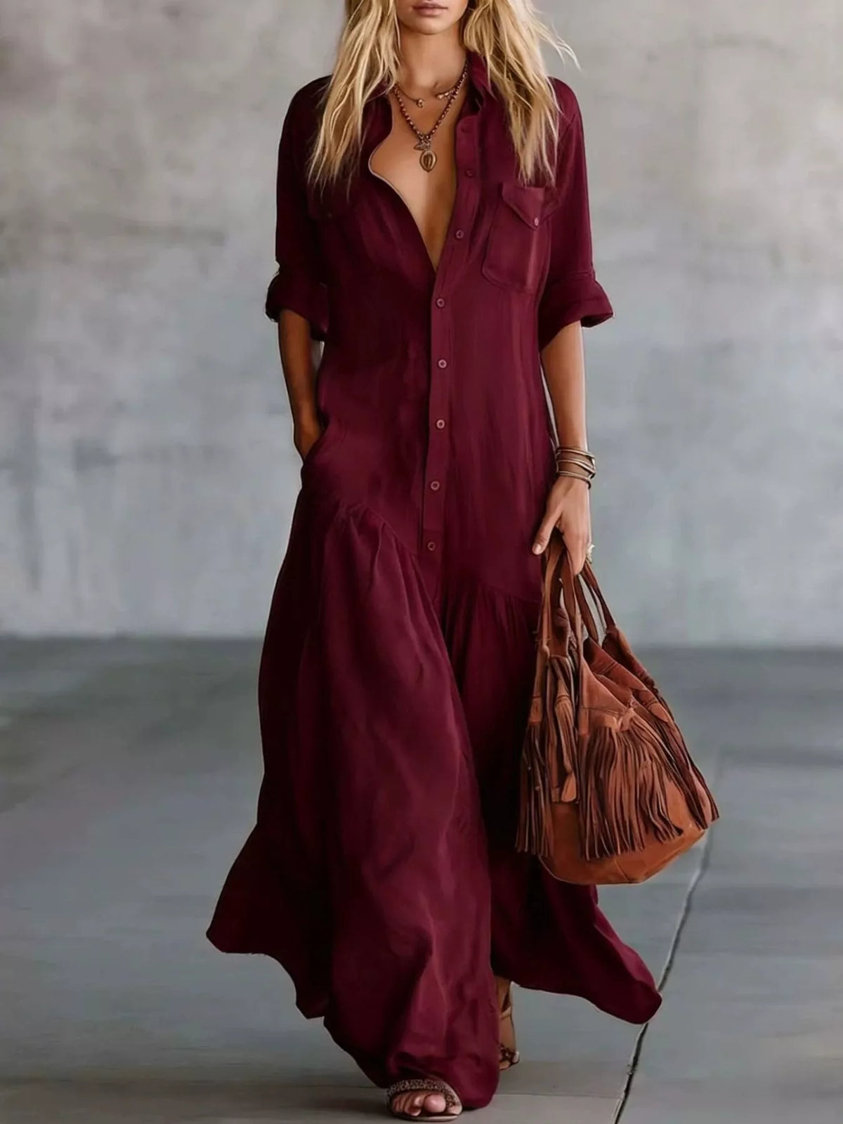 Plus size plush fashion hub maxi dress with button front, roll-up sleeves, and flowing full-length design.