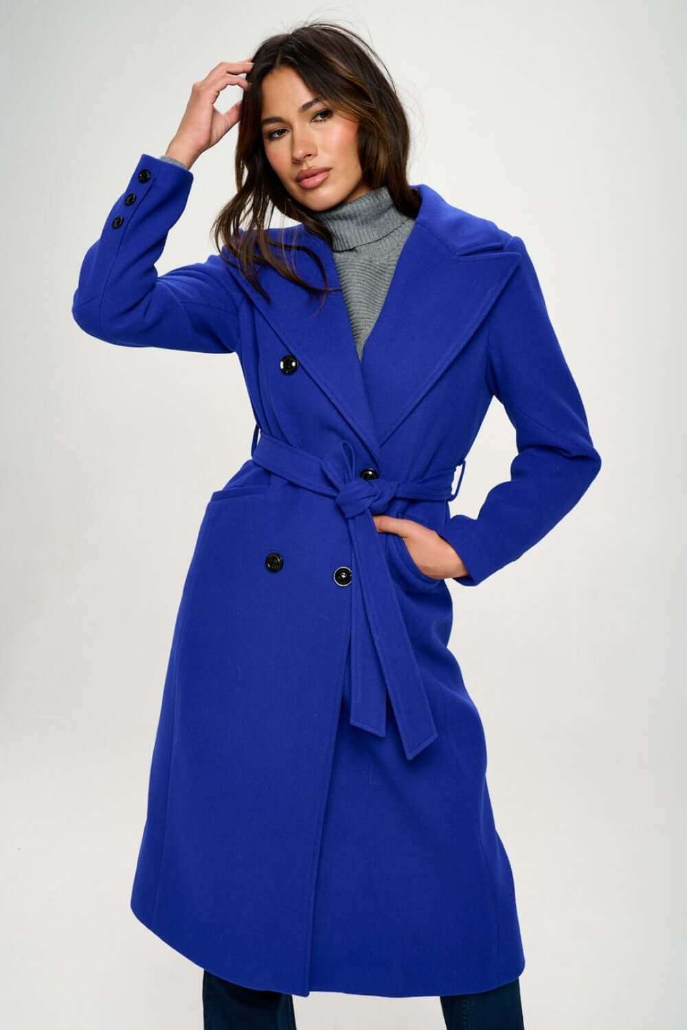 Coalition LA Double-Breasted Longline Coat with Belt in vibrant blue, shown on model.