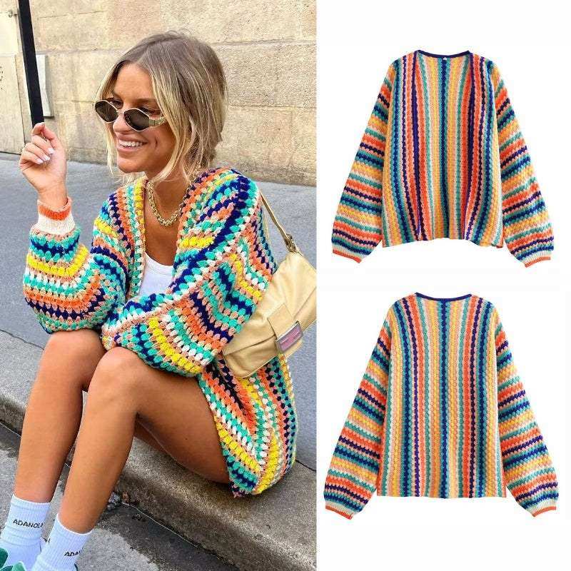 Autumn New Rainbow Long Sleeve Wide Songou Meibo SweaterElevate your fall fashion with our Autumn New Rainbow Bar Cardigan! Featuring a stylish color-matching pattern and loose fit, this street-style cardigan is made withSweaterPlush Fashions ShopPlush Fashion Shop