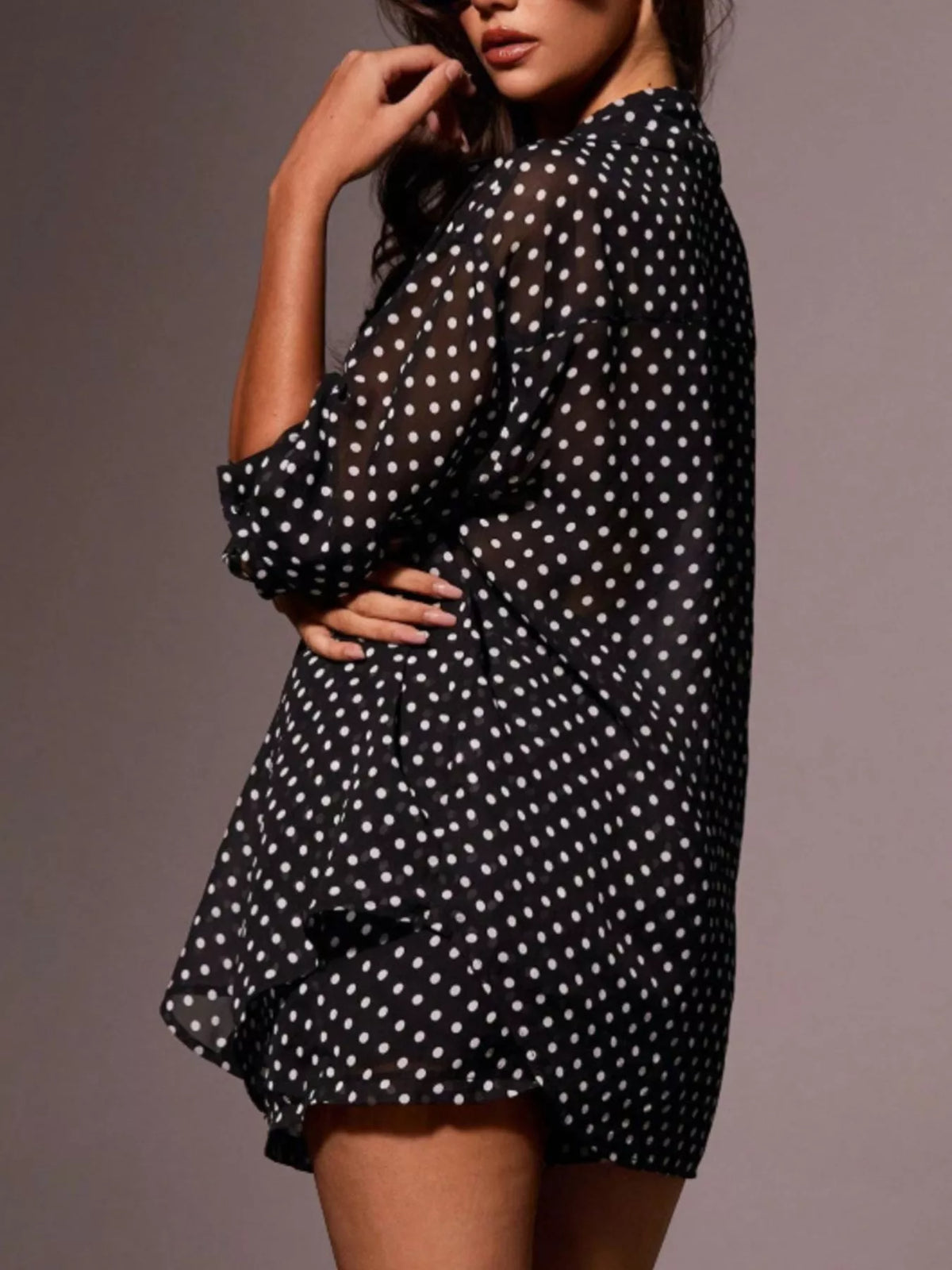Plush Fashion Hub polka dot loungewear set with button-up shirt and matching shorts, comfortable and stylish for relaxed wear.