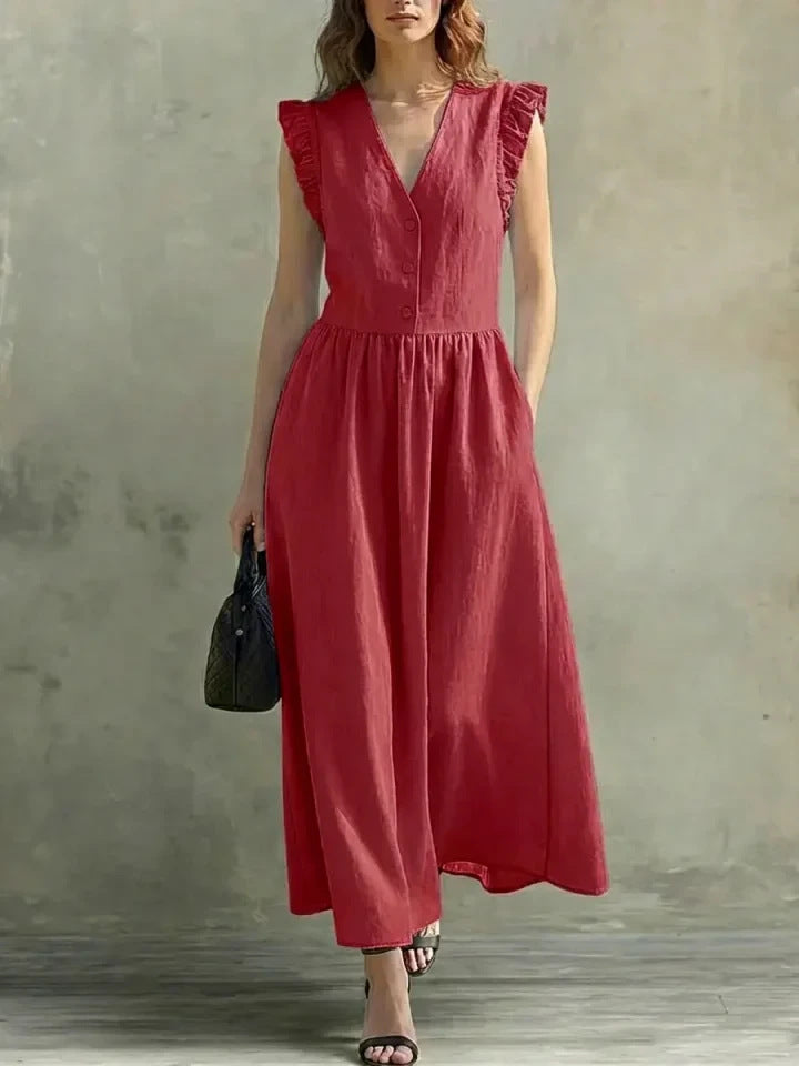 FitiqueFit V-neck puff-sleeve casual dress with pockets in cotton linen, available in seven colors, shown in a light beige shade.