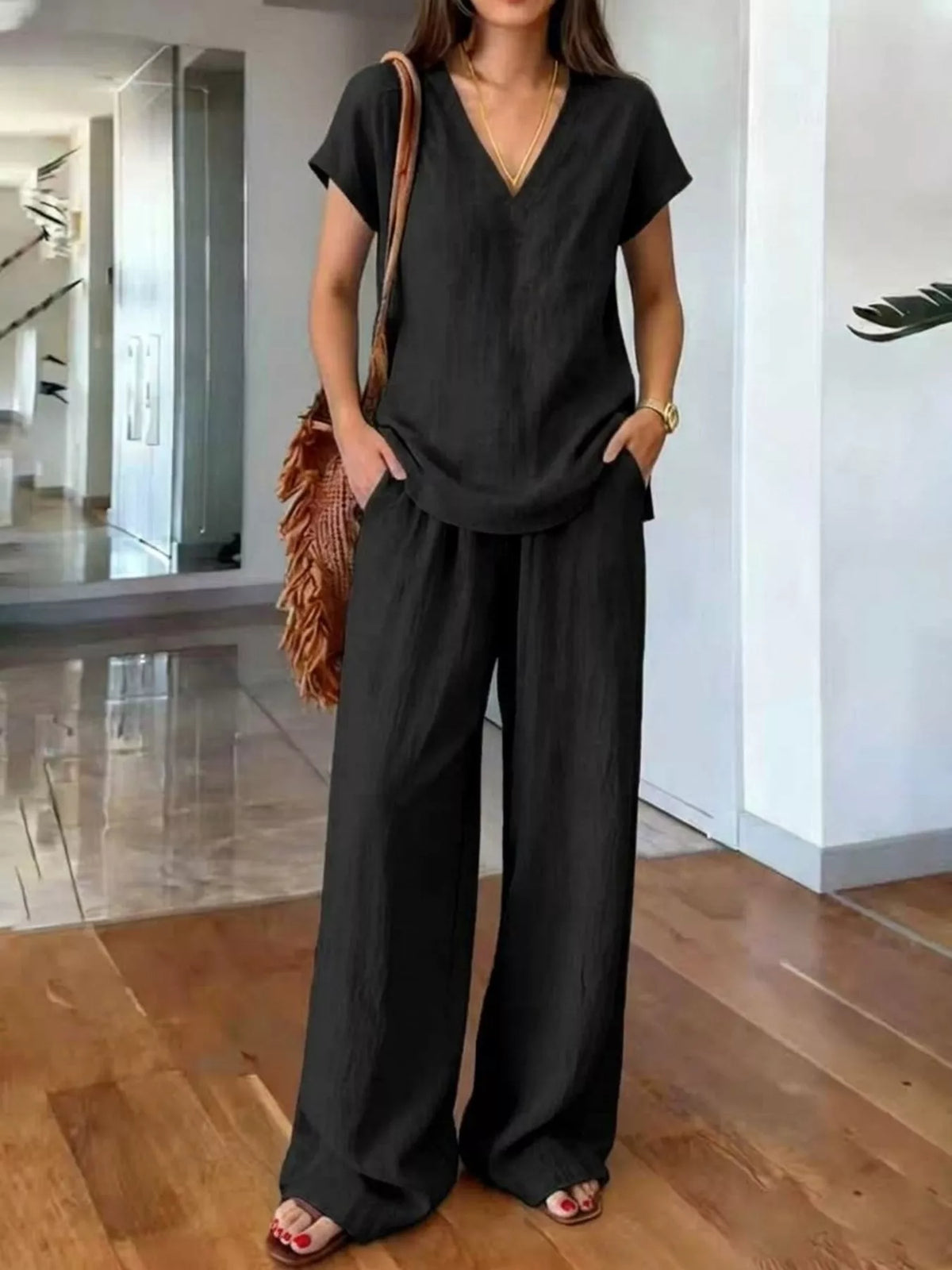 Plus size plush fashion hub V-neck short sleeve lounge set with matching pants, comfortable and stylish for relaxed wear.