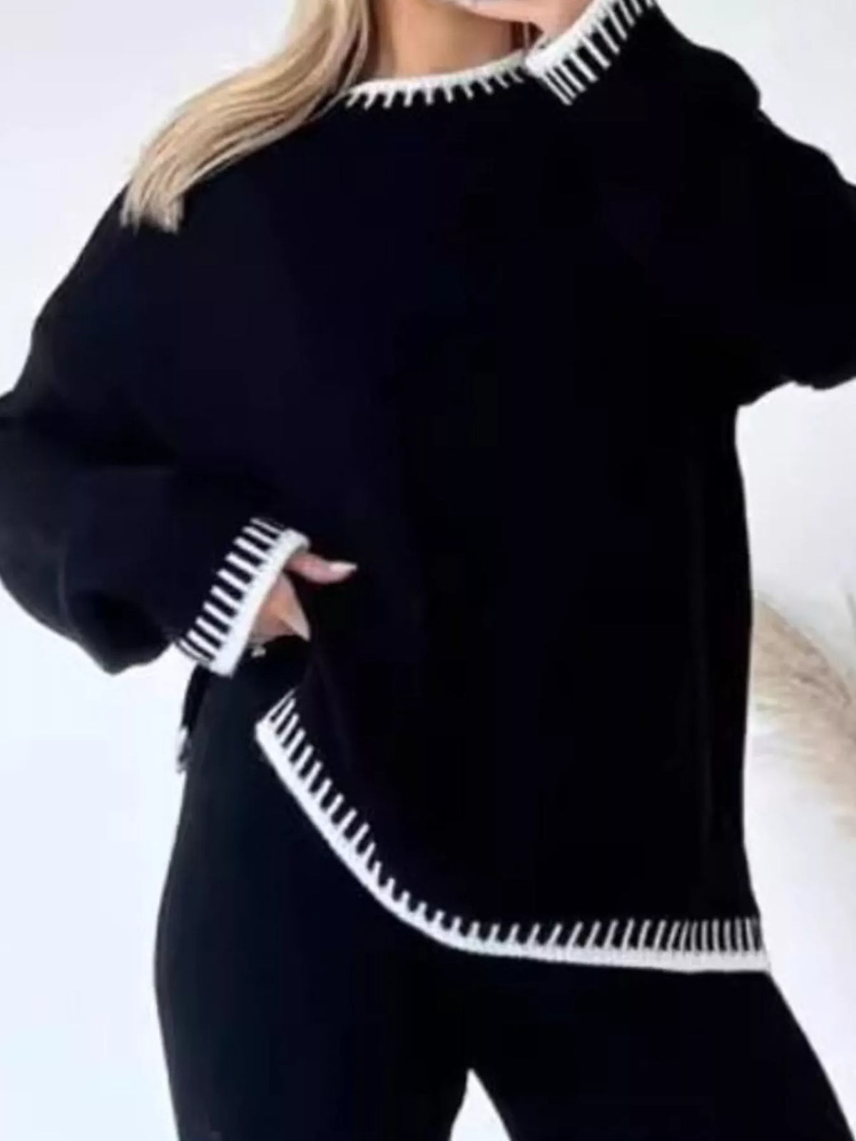 Simply Love contrast trim round neck top and pants sweater set, soft knit fabric with stylish design, perfect for casual wear.