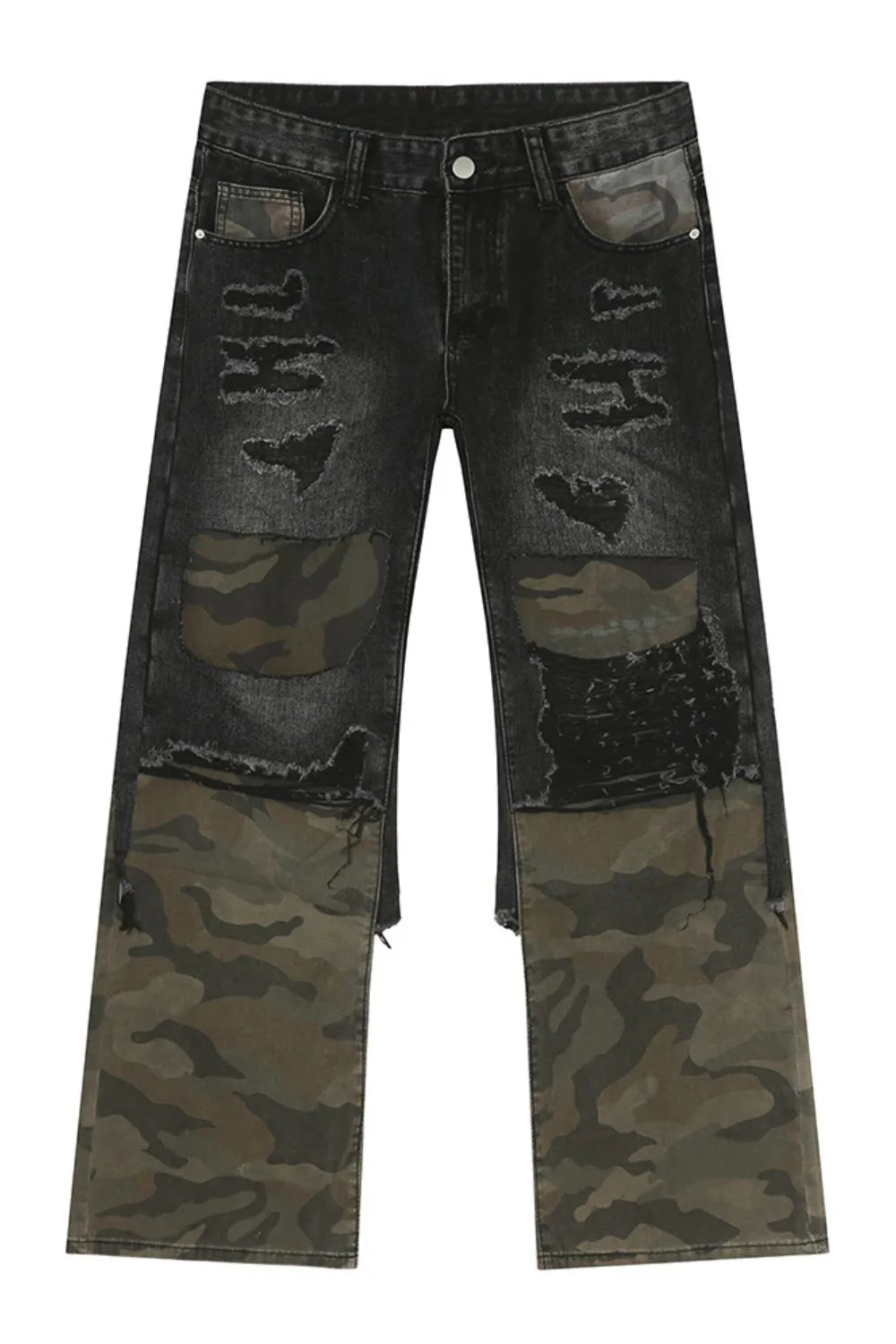 Distressed camouflage patchwork jeans by Plush Fashion Hub featuring ripped details and mixed camo fabric for a trendy look.