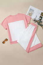 Two-tone color block patchwork tee and drawstring loose pants set by Trendsi, casual and stylish fashion ensemble.