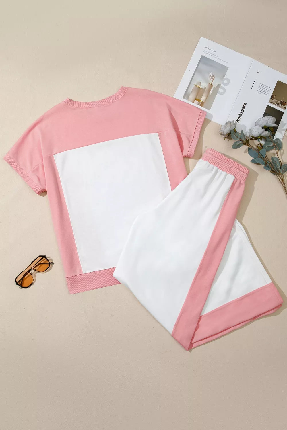 Two-tone color block patchwork loungewear set with a loose fit tee and drawstring pants from Plush Fashion Hub