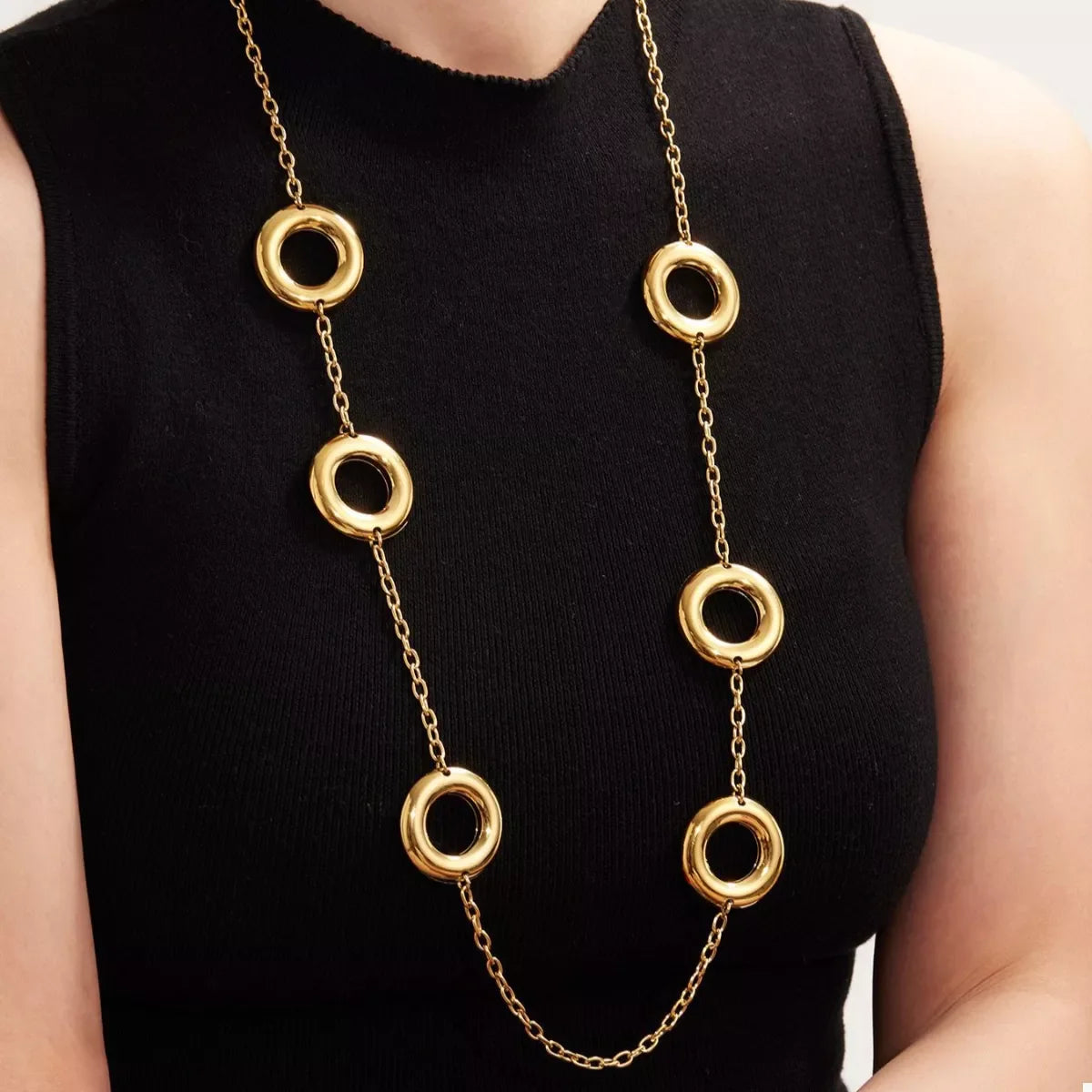 18K gold-plated circle chain statement necklace with bold round links, stylish jewelry from Plush Fashion Hub.