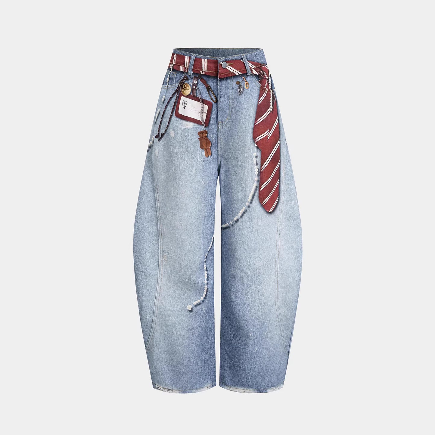 Eprolo street style badge print dagger jeans showing distressed denim and bold badge patch detail.