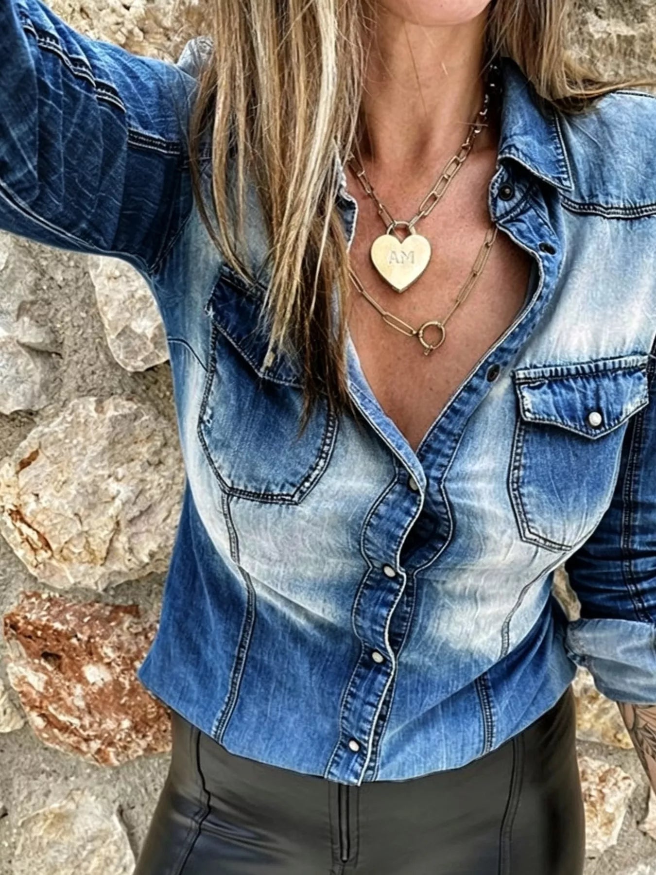 Vintage wash denim button-up shirt from Plush Fashion Hub, featuring classic collar and long sleeves, casual tops and blouses style.