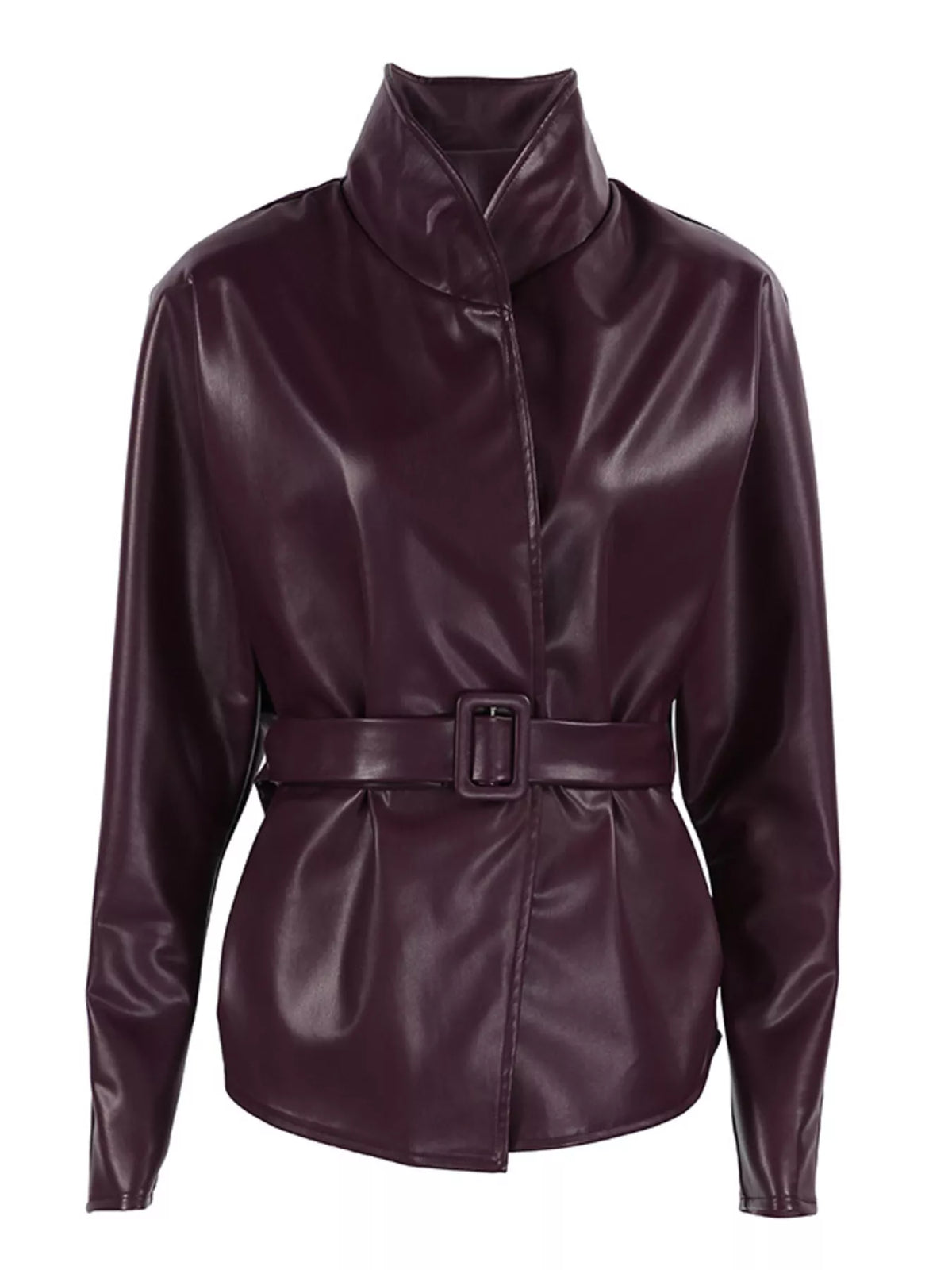 Women's faux leather jacket with stand collar and belt, trendy outerwear by Trendsi featuring stylish detailing.