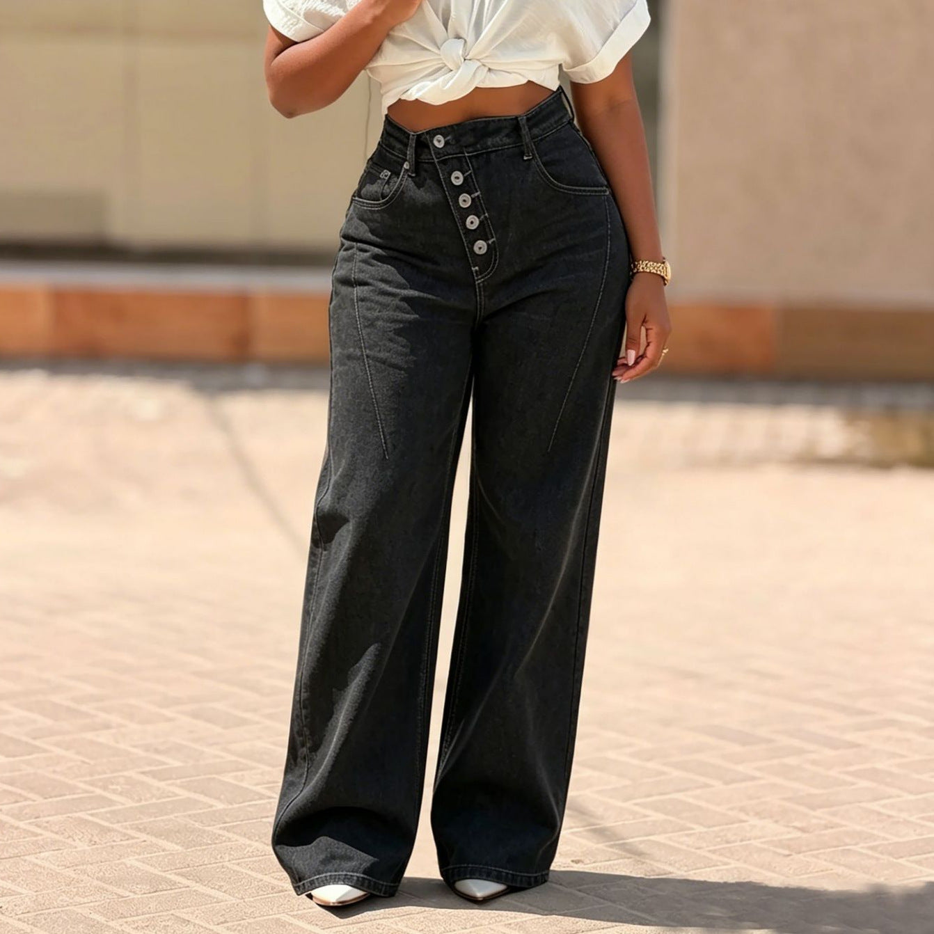 Women's Black Multi-Button Fly Straight Leg Denim Jeans