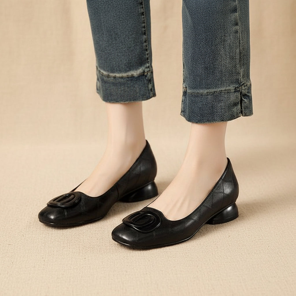 Women's vintage round toe slip-on flats with low chunky heel in Mary Jane style by Plush Fashion Hub, featuring a classic and comfortable design.