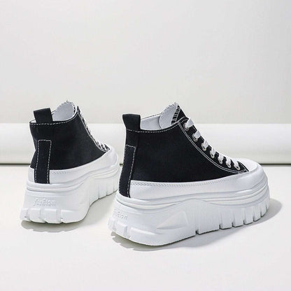 Women Lace-Up Front High Top Platform Canvas ShoesThese women's canvas shoes feature a stylish lace-up front and a high top platform design. With a flat heel, they offer both comfort and height. The height increasinShoePlush Fashion ShopPlush Fashion Shop