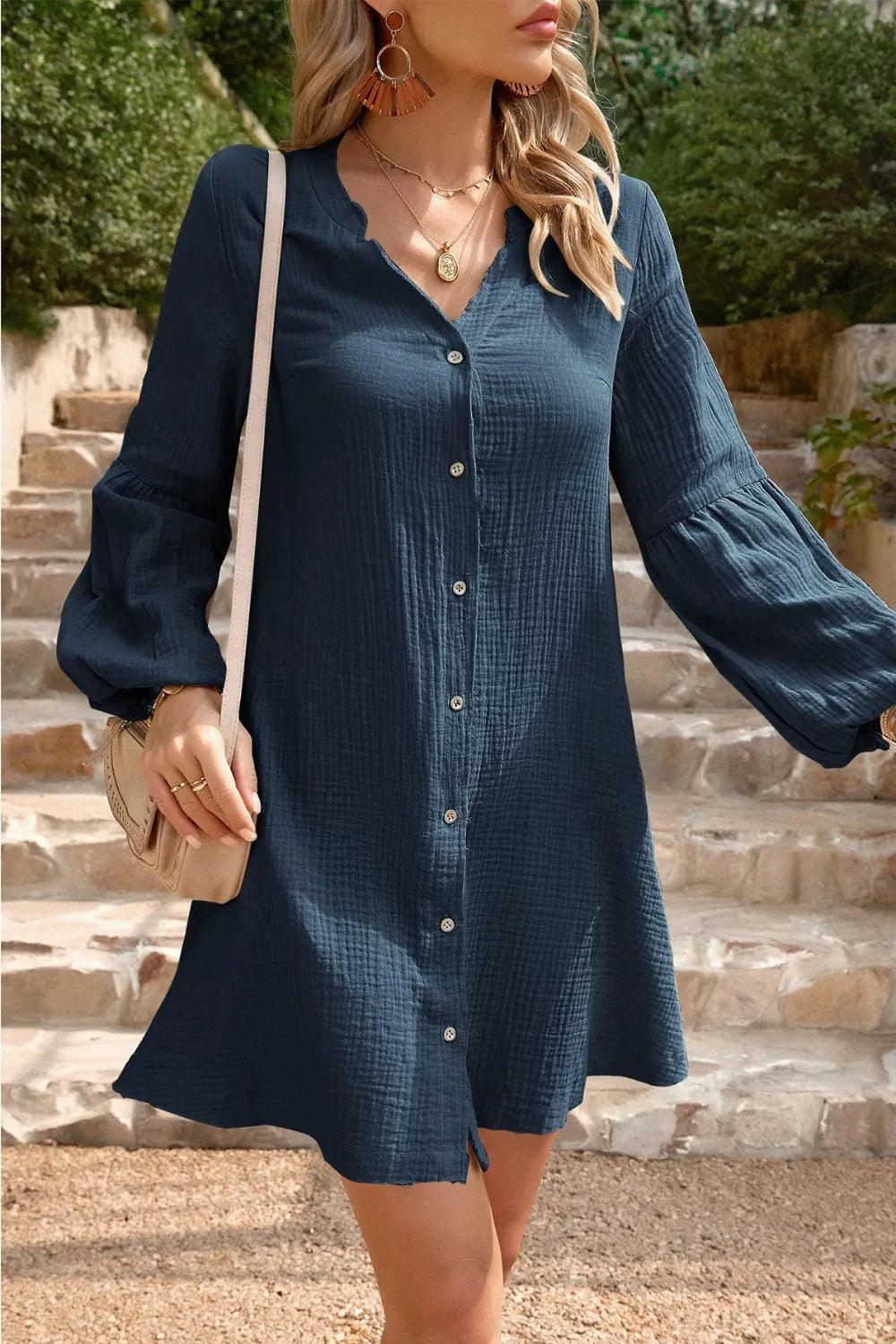 Cotton notched balloon sleeve mini dress in Devine print by Plush Fashion Hub, featuring a stylish, casual fit and feminine design.