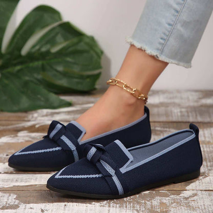 Bow Contrast Trim Point Toe Loafers in blue with stylish bow detail and contrast trim.