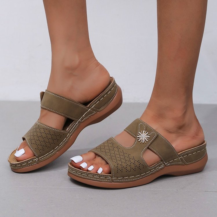 Embroidered Fish Mouth Women's Thick Bottom Hollow Sandals in stylish design with intricate embroidery and comfortable thick soles.
